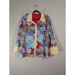 Koos of Course Jacket Women 1X Vintage Red Floral Pattern Linen Blend Reversible